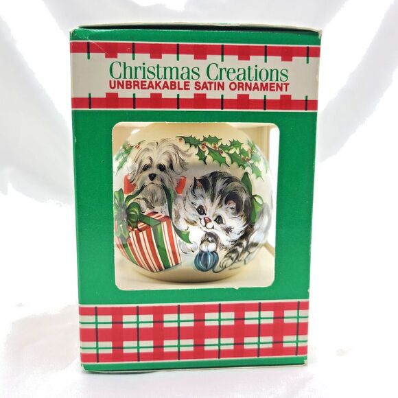 Christmas Creations Other - Vintage Christmas Cat Dog Ornament Satin Ball Kitsch Retro Gift Kitty Puppy Cute